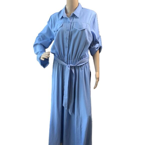 Ashley Stewart Dresses & Skirts - Ashley Stewart Blue Long Sleeve Button Down Coastal Linen Tie Maxi Dress 14/16